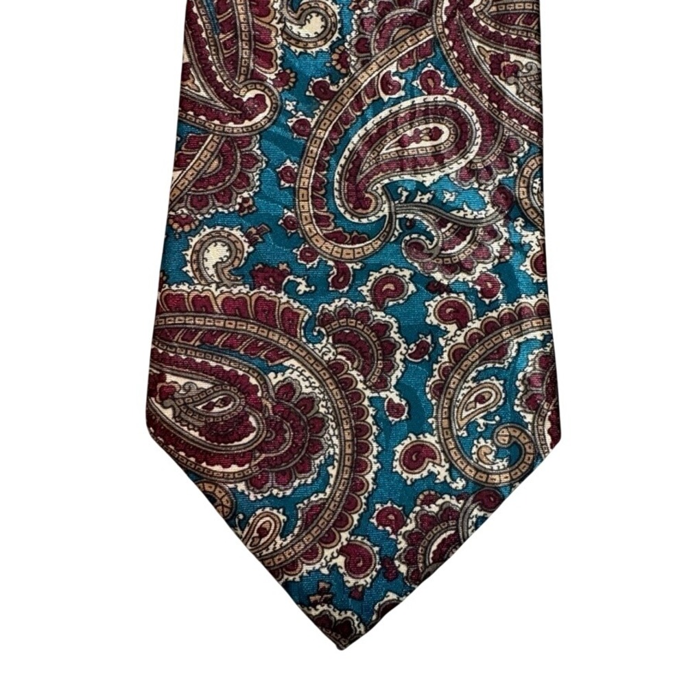 Egon Von Furstenberg Mens Paisley Silk Blend Tie Teal Burgundy Made in USA